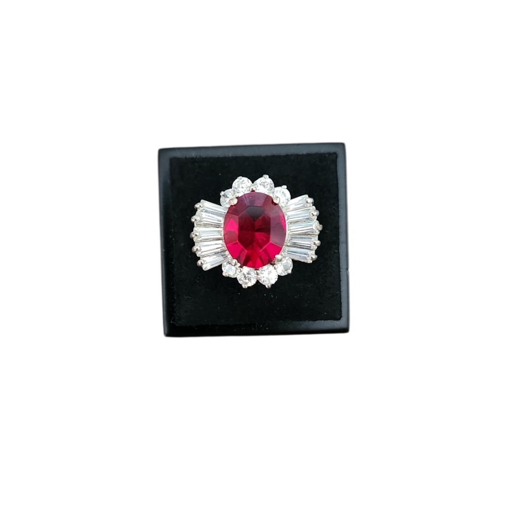 Size 6 Silver Toned Elegant Red Crystal Cocktail Ring with Clear Accents